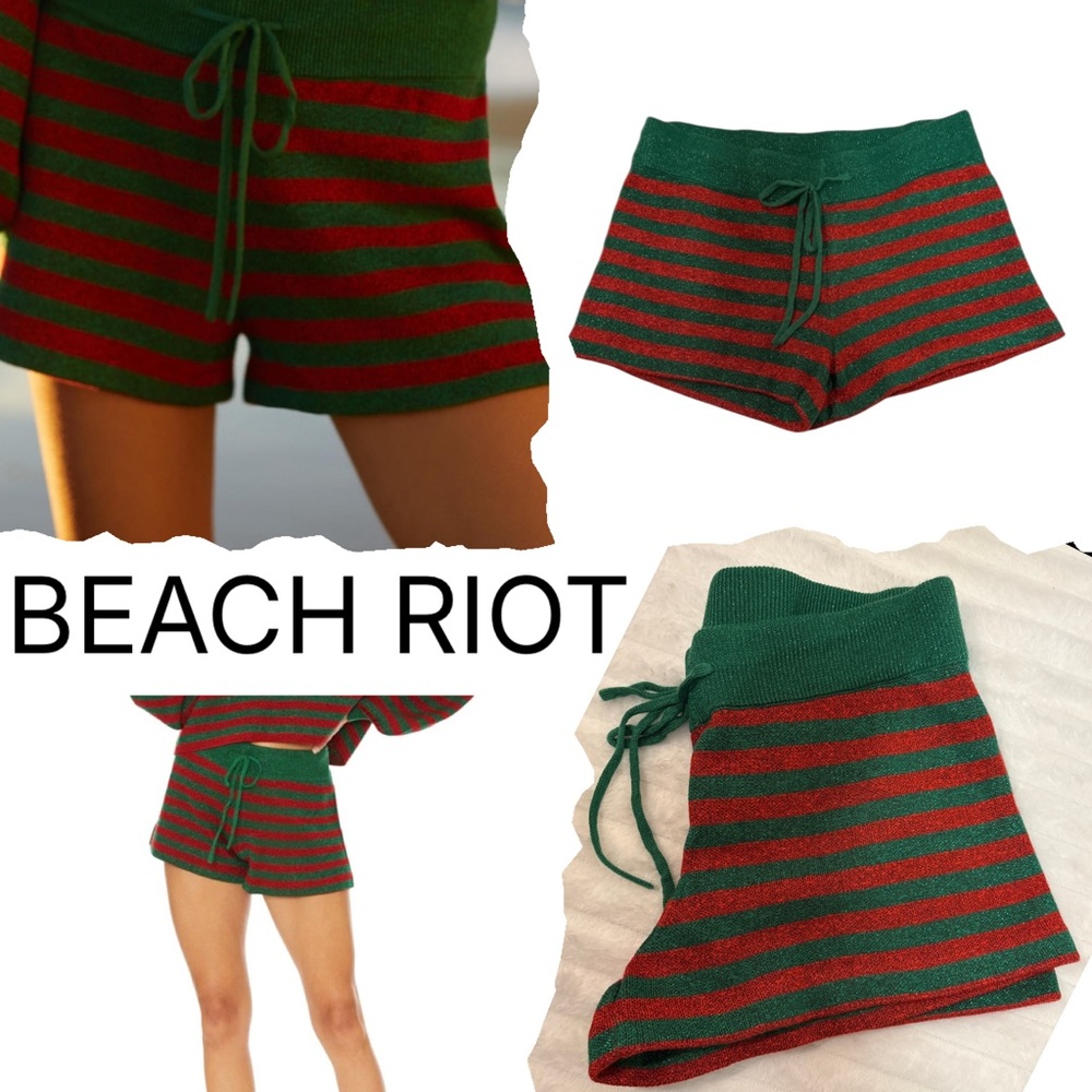 Beach Riot Anthropologie Green & Red Striped Metallic Knit Shorts Medium Holiday - Picture 8 of 8